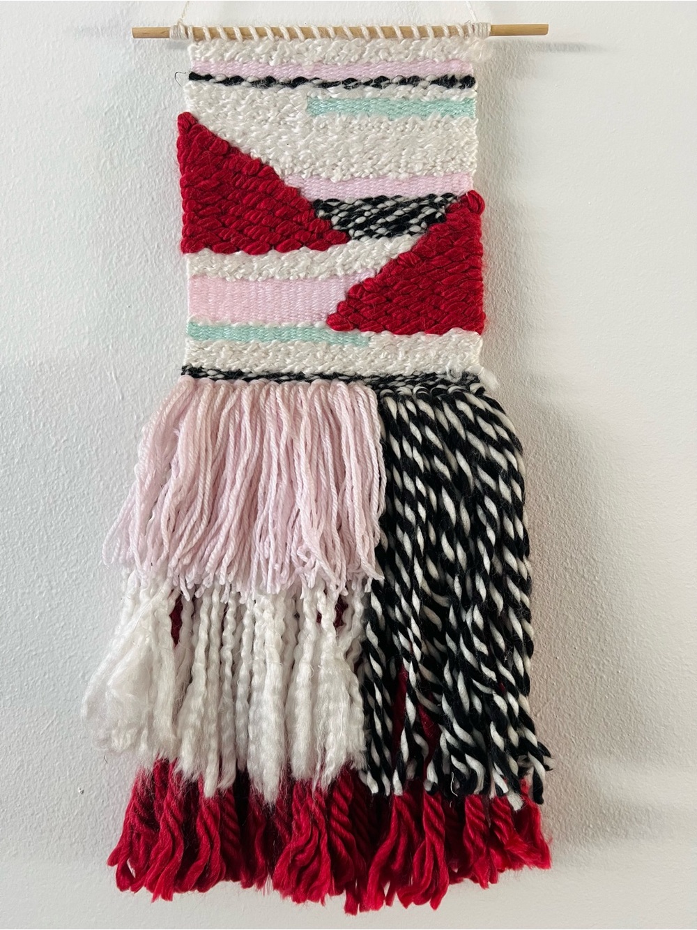 Handwoven Geometric Yarn Wall Hanging - Pink, Red, Black & White